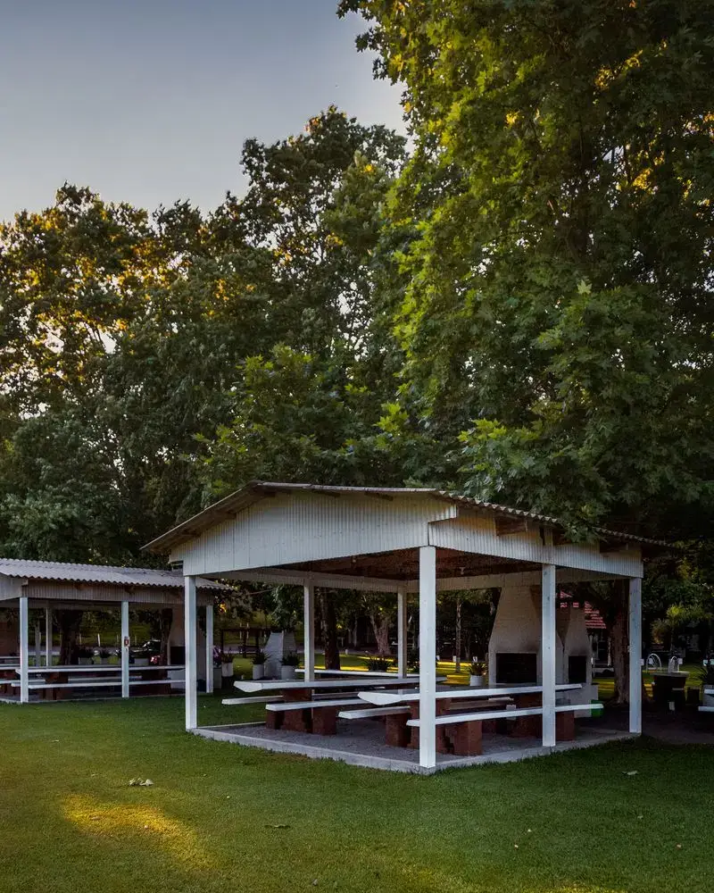 Quiosque coberto com mesas no gramado, entre árvores grandes