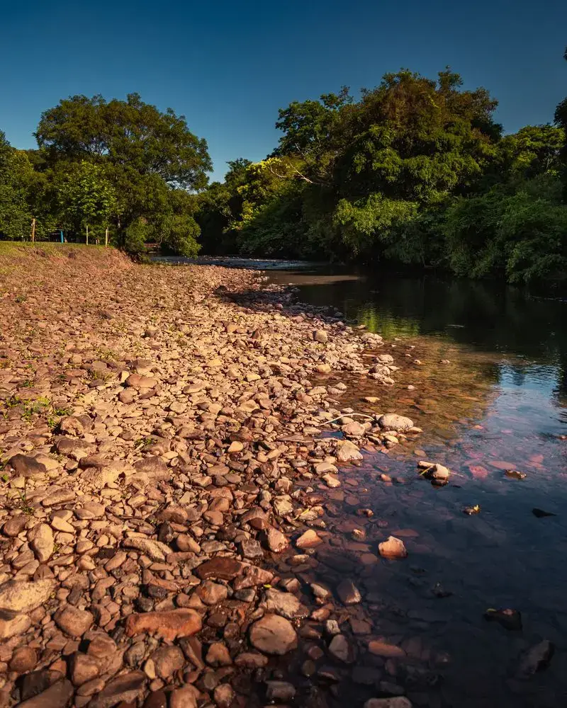 Margem de pedras do rio, com água calma e mata nas duas beiras